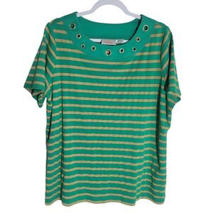 Quacker Factory Tee Shirt Women Plus Size 1X Green Gold Metallic Striped Holiday